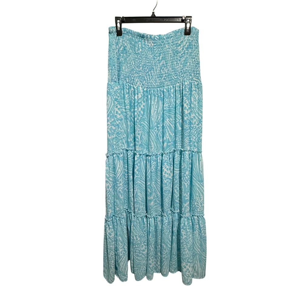 Lilly‎ Pulitzer Hanalei Maxi Skirt Womens Large Blue Shell Print Smocked Tiered